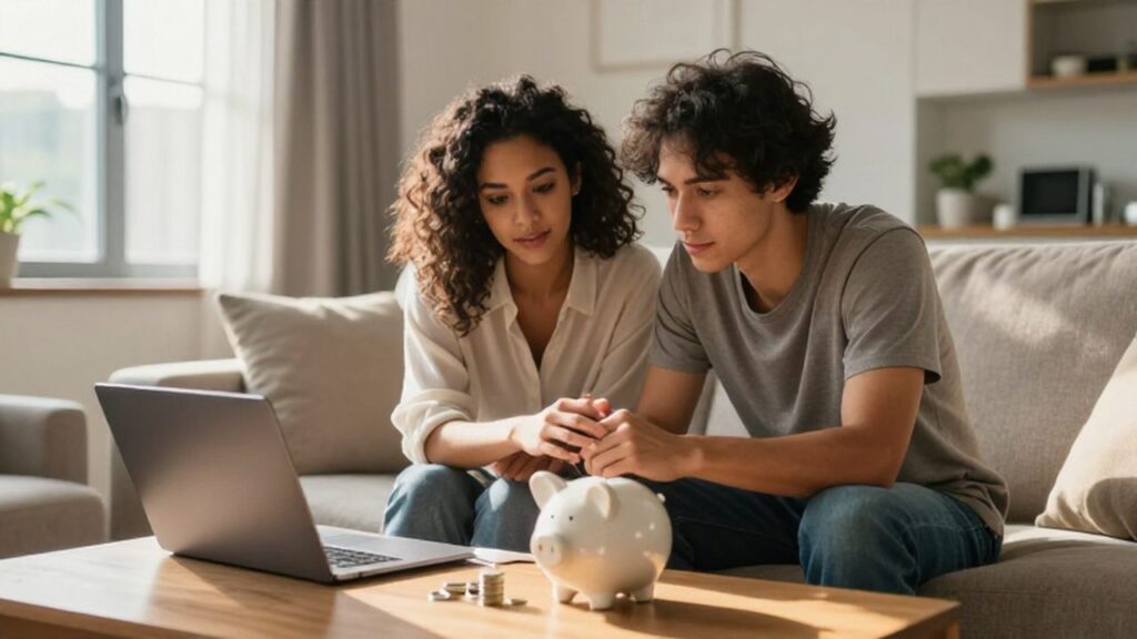 Pareja joven sentada en un sofá planeando sus ahorros junto a una hucha y monedas.