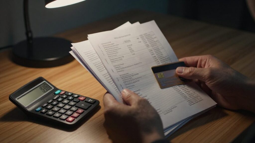 Manos tensas sosteniendo estados de cuenta bancarios junto a una calculadora sobre un escritorio.