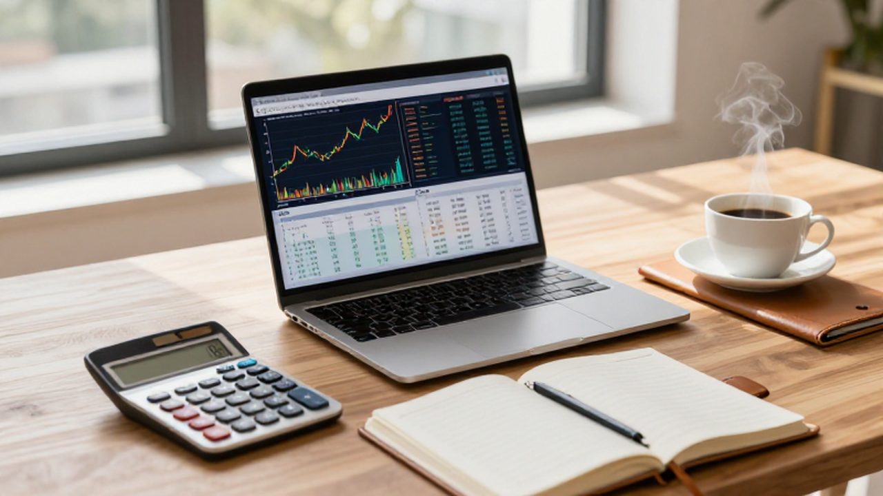 Escritorio de madera con un portátil que muestra gráficos financieros, una calculadora y café.