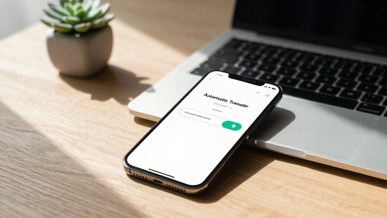 Primer plano de un smartphone con una aplicación bancaria activa sobre un escritorio organizado.