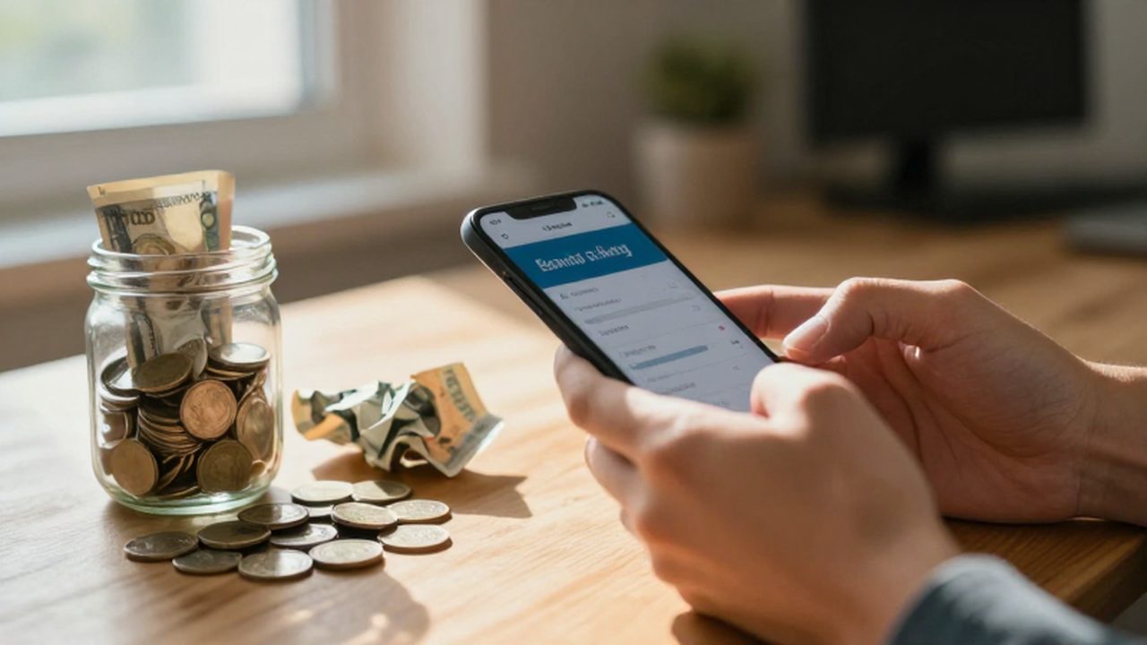 Manos usando una aplicación de banca en el móvil junto a un tarro de ahorros.