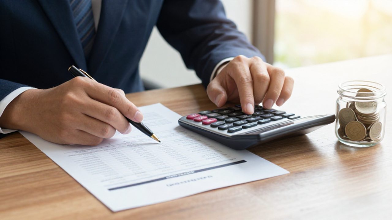 Manos con calculadora y bolígrafo revisando una póliza de seguros junto a un frasco de ahorros.
