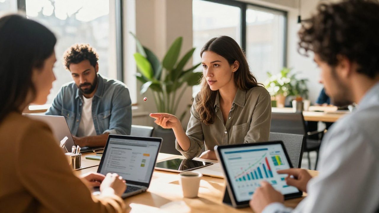 Emprendedora señalando gráficos de crecimiento en una tableta mientras otros dueños de negocios trabajan en un espacio compartido.