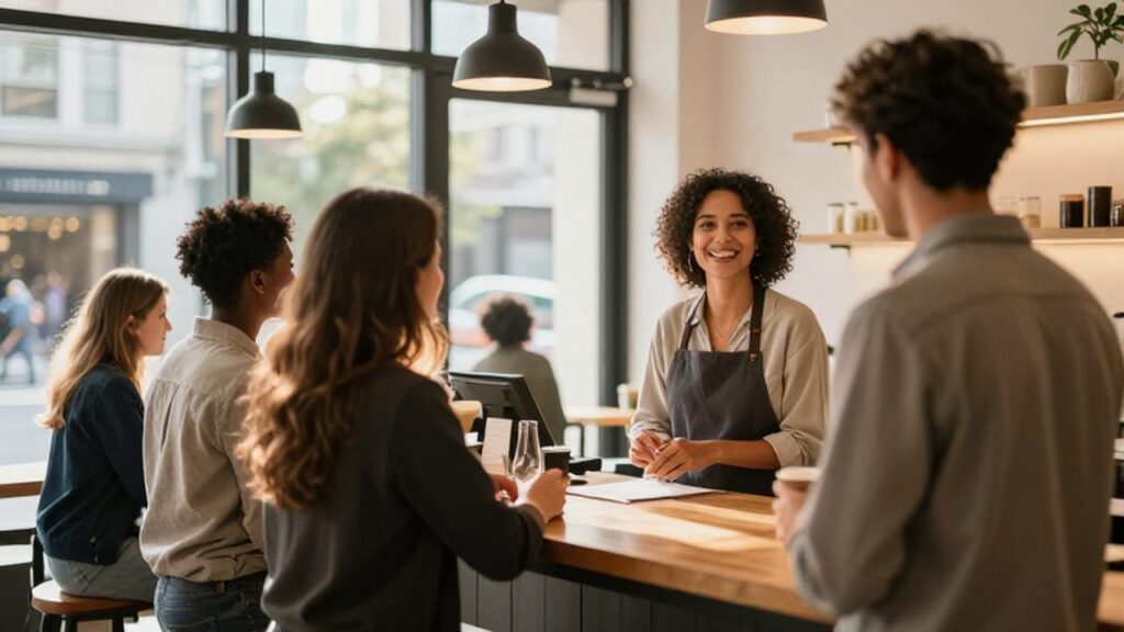 Emprendedor sonriente saluda a clientes que entran en una luminosa y moderna cafetería.