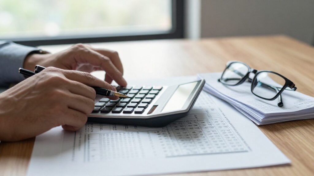 Manos utilizando una calculadora y un bolígrafo sobre documentos financieros organizados en un escritorio.