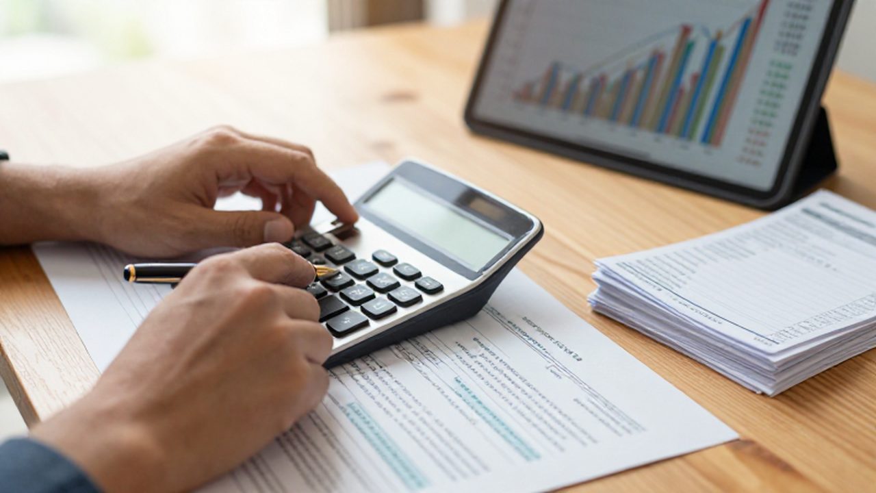 Manos utilizando una calculadora y un bolígrafo sobre documentos fiscales y facturas en un escritorio.