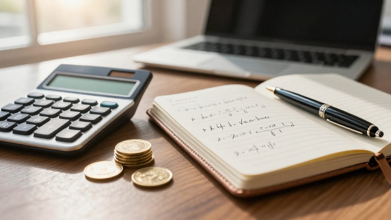 Calculadora, monedas de oro y una libreta con fórmulas matemáticas sobre un escritorio profesional.