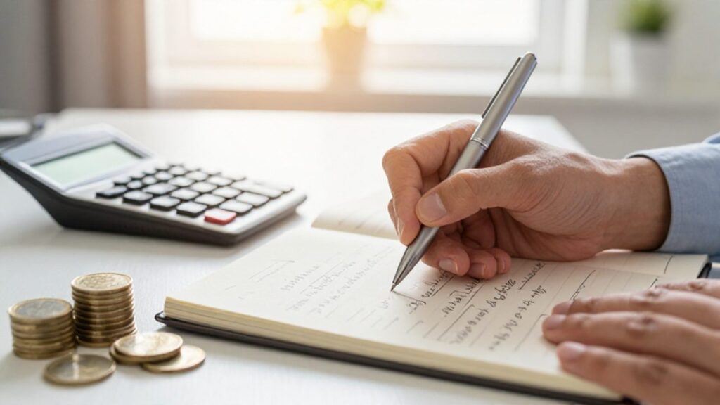 Mano escribiendo fórmulas financieras en un cuaderno junto a monedas y una calculadora.