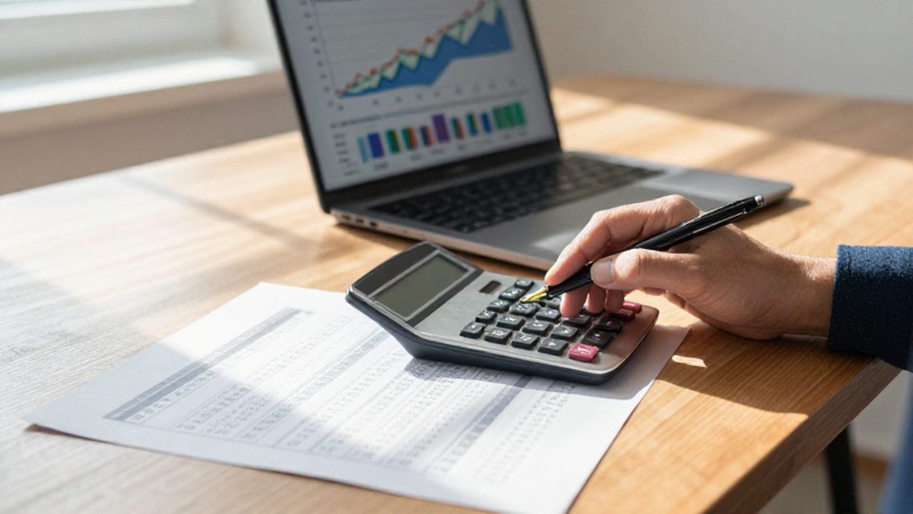 Manos de un emprendedor usando una calculadora y pluma sobre hojas con datos financieros.