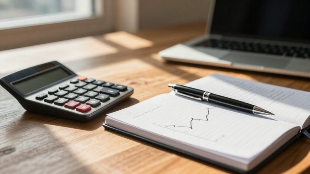 Escritorio de madera con una libreta de finanzas