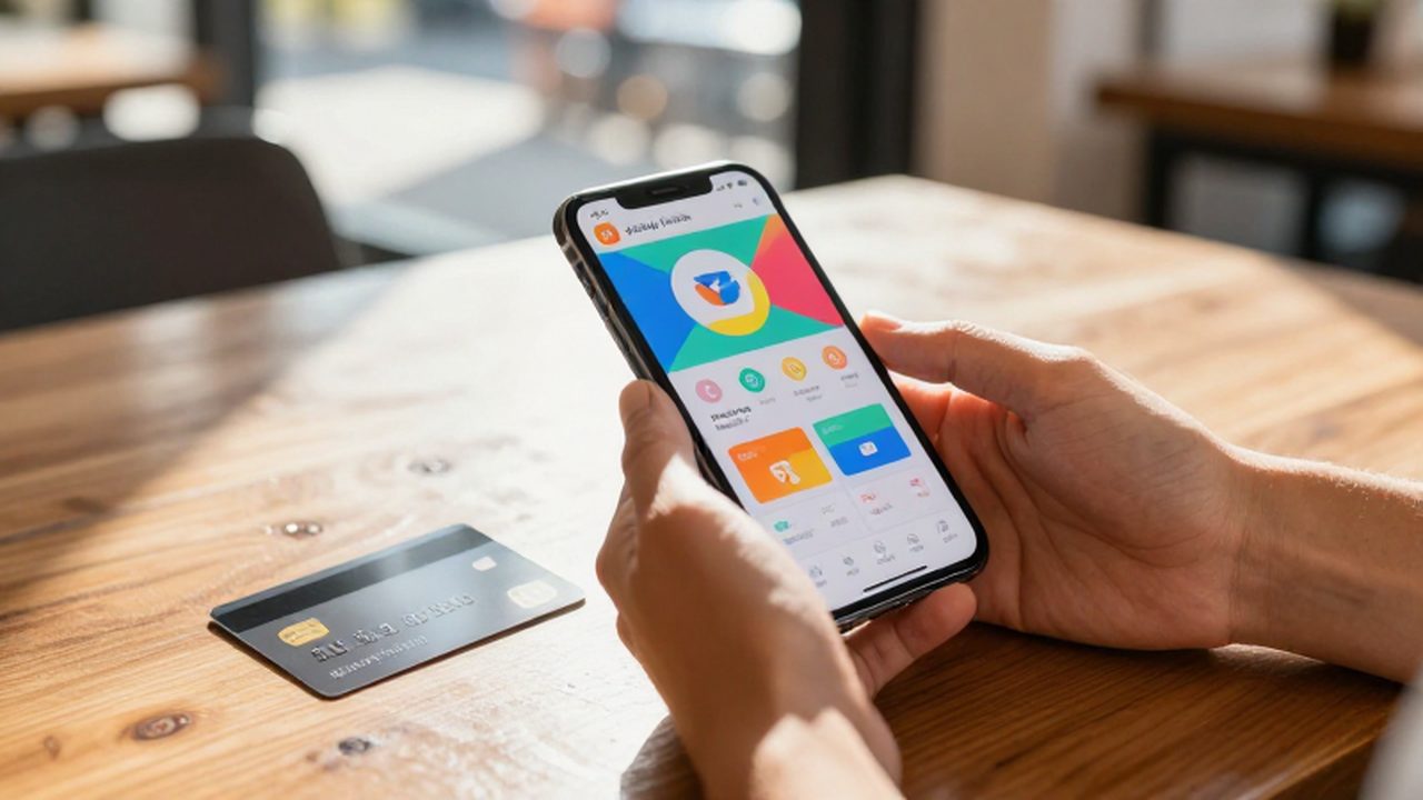 Manos sosteniendo un smartphone con una aplicación de recompensas junto a una tarjeta de regalo y una tarjeta de crédito sobre madera.