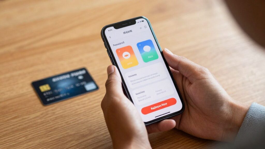 Manos sosteniendo un smartphone con una aplicación de recompensas junto a una tarjeta de crédito.