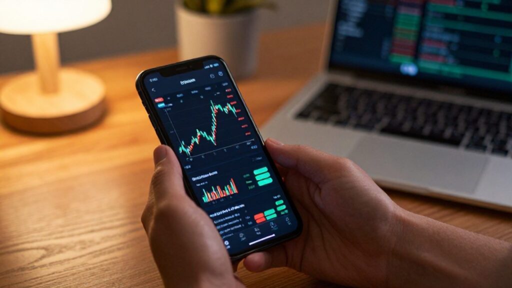 Manos sujetando un smartphone con gráficos de criptomonedas sobre un escritorio de oficina.