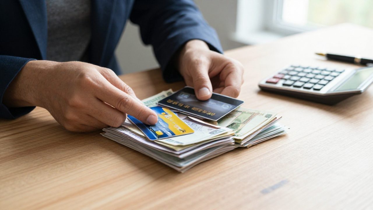 Manos organizando tarjetas de crédito y facturas en un escritorio de madera con una calculadora.