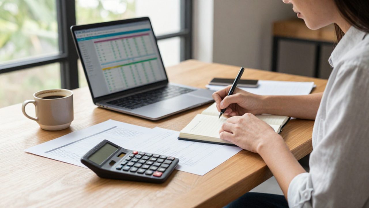 Joven profesional organizando sus finanzas con planificadores y una calculadora en un escritorio iluminado.