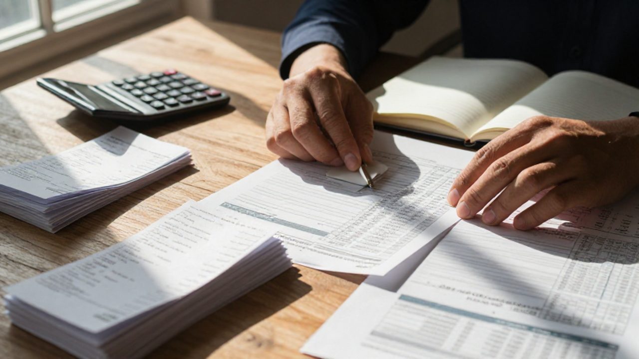 Manos organizando recibos, estados de cuenta y una calculadora sobre un escritorio de madera.
