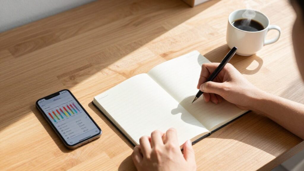 Manos escribiendo en una agenda junto a un smartphone con gráficos y café.
