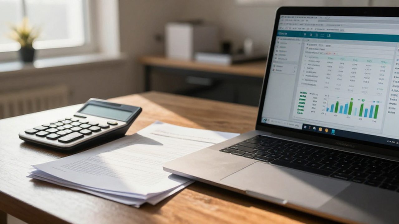 Laptop con software contable, calculadora y documentos fiscales sobre un escritorio iluminado por el sol.