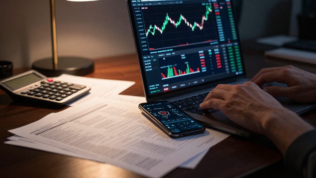 Manos escribiendo en un portátil junto a un móvil con gráficos de criptomonedas y formularios de impuestos.