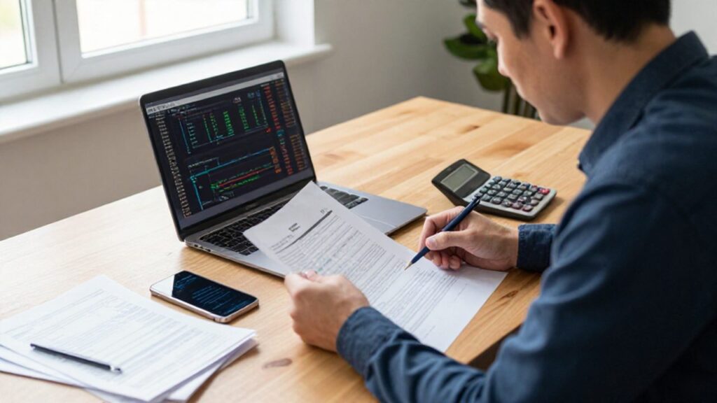 Persona analizando gráficos de criptomonedas y documentos financieros en un escritorio ordenado.