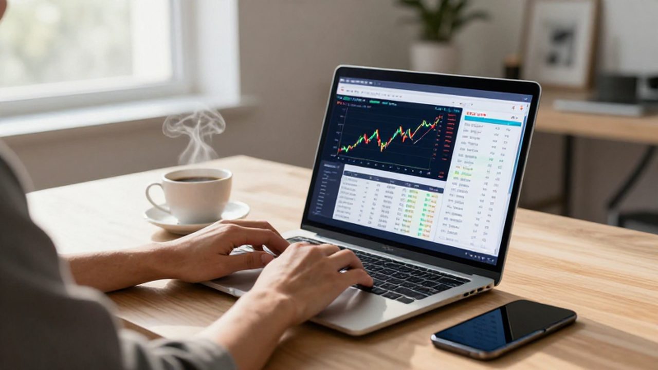 Persona trabajando con gráficos financieros y formularios digitales en un portátil sobre un escritorio de madera.