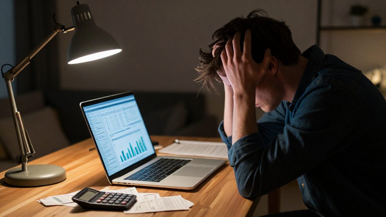Persona estresada frente a un ordenador con formularios de impuestos y gráficos financieros en una oficina oscura.