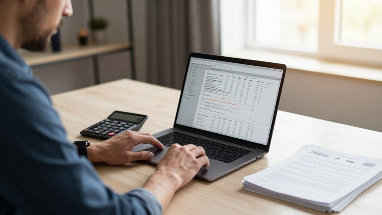 Hombre concentrado trabajando con hojas de cálculo financieras y documentos oficiales en un escritorio organizado.