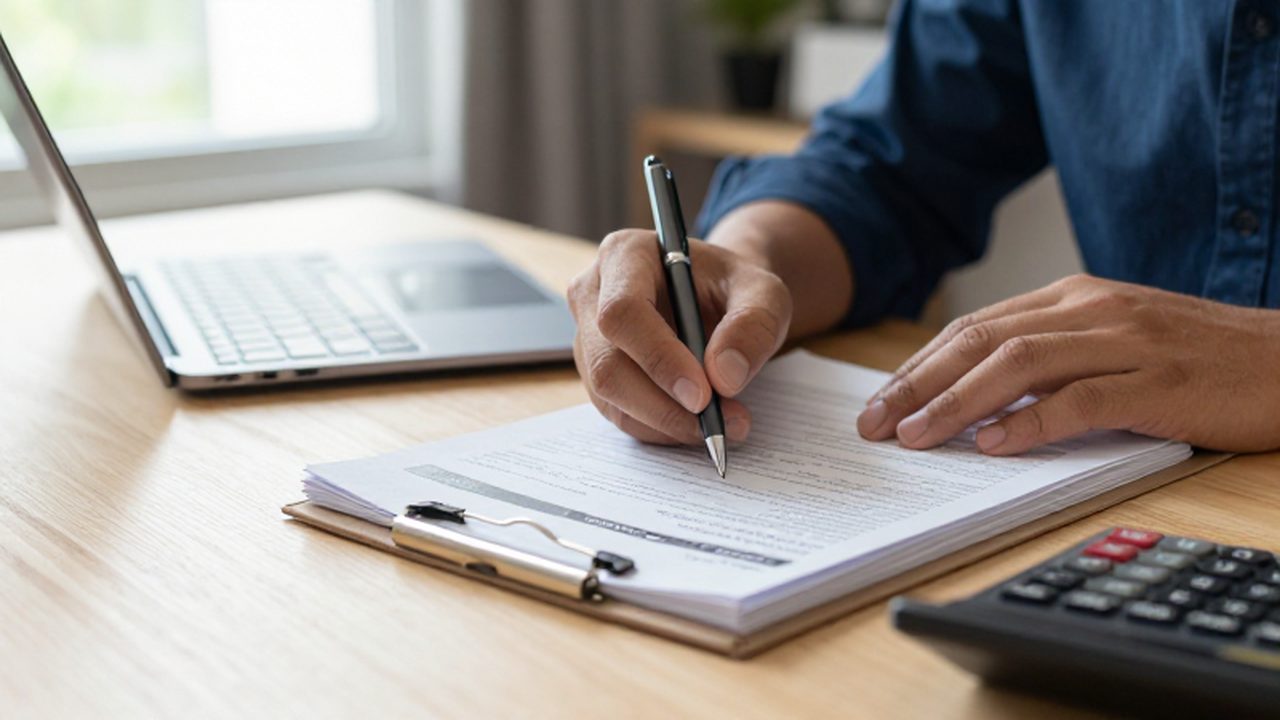 Manos revisando documentos financieros y un informe de crédito sobre un escritorio con calculadora.