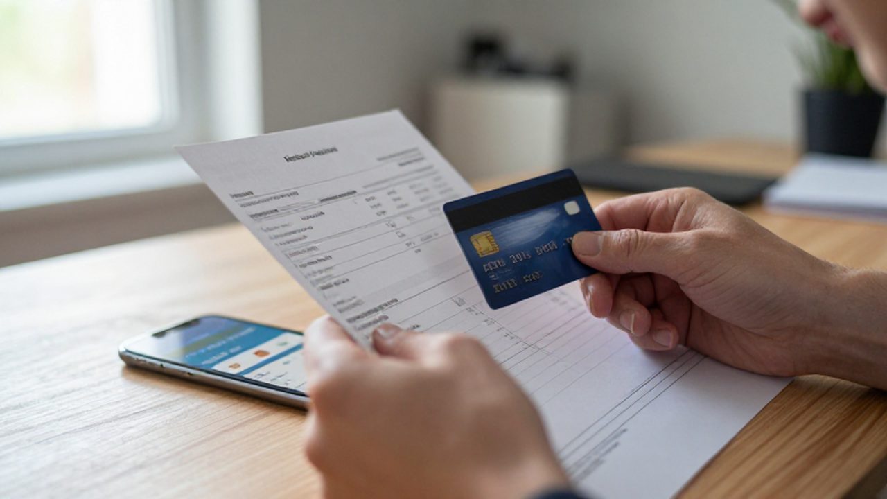 Manos sujetando una tarjeta de crédito y un extracto bancario junto a un smartphone.