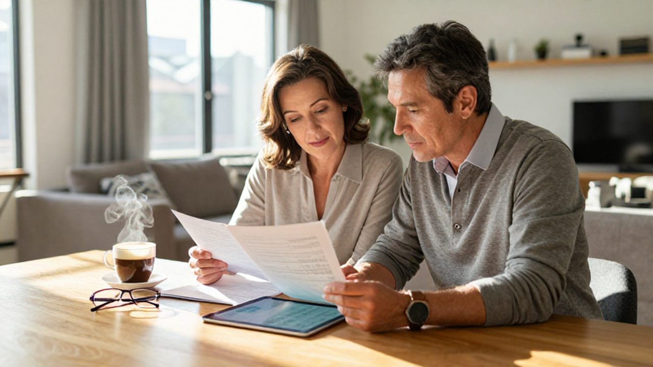 Pareja de mediana edad revisando documentos financieros y una tableta en un comedor luminoso.