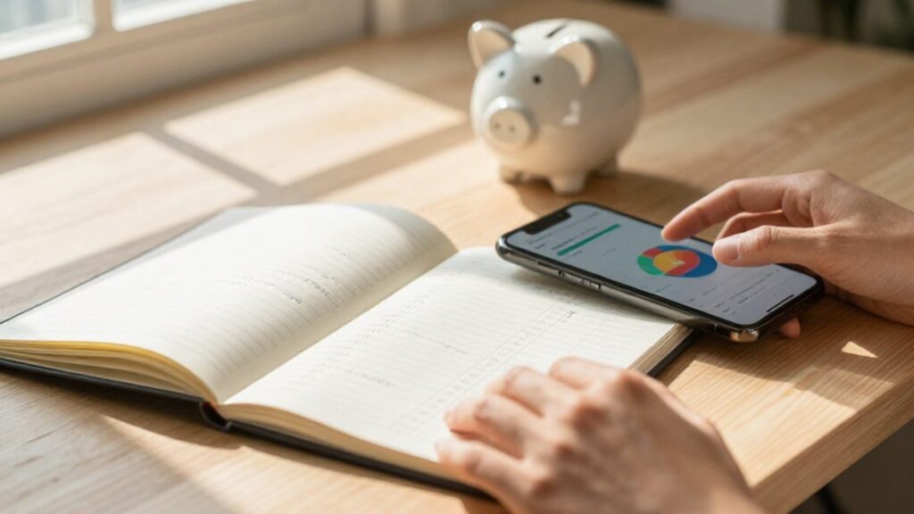 Manos organizando un cuaderno de finanzas junto a un móvil con gráficos de ahorro.