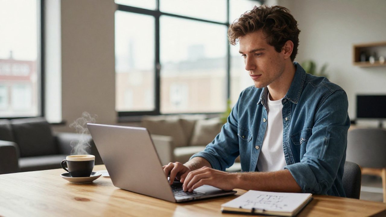 Joven freelancer trabajando concentrado con su portátil y un café en una oficina luminosa.