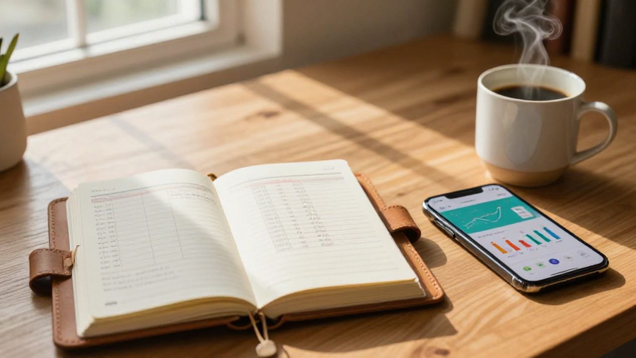 Un escritorio con una agenda de finanzas, un móvil con gráficos bancarios y una taza de café.
