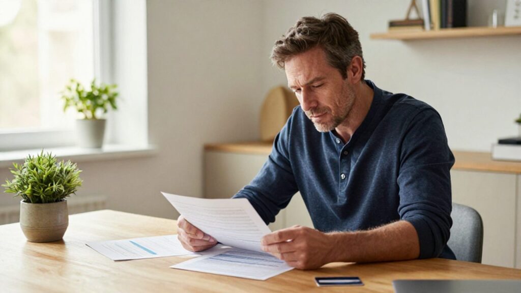 Hombre de mediana edad revisando documentos financieros con tranquilidad en su oficina iluminada.