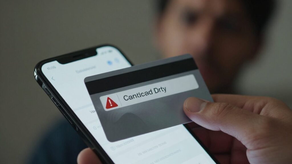 Mano sosteniendo una tarjeta de crédito sobre un móvil con una alerta de transacción inesperada.