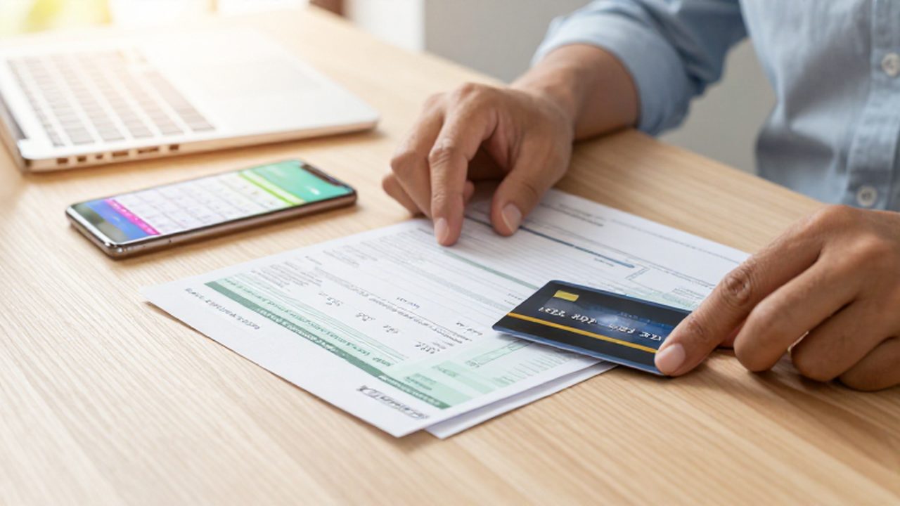 Manos organizando facturas, una tarjeta de crédito y un smartphone con un calendario bancario sobre un escritorio de madera.