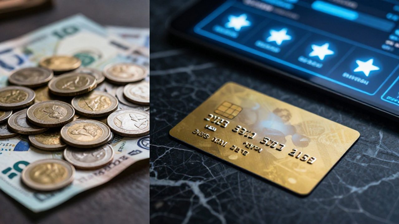 Tarjeta de crédito sobre mármol rodeada de billetes, monedas y una interfaz de puntos digitales.