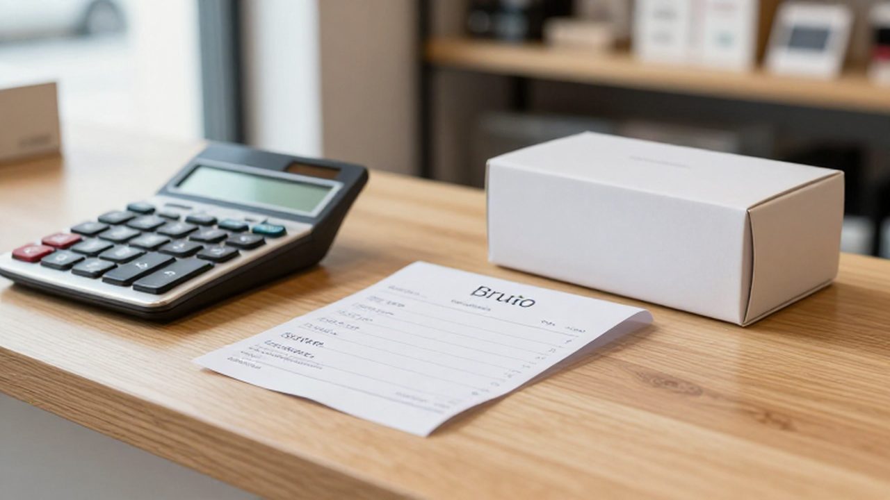 Calculadora y recibo sobre un mostrador de madera con los montos neto y bruto detallados.