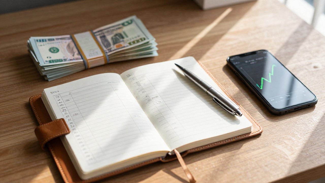 Escritorio de madera con un planificador financiero, billetes organizados y un smartphone con gráficos de crecimiento.