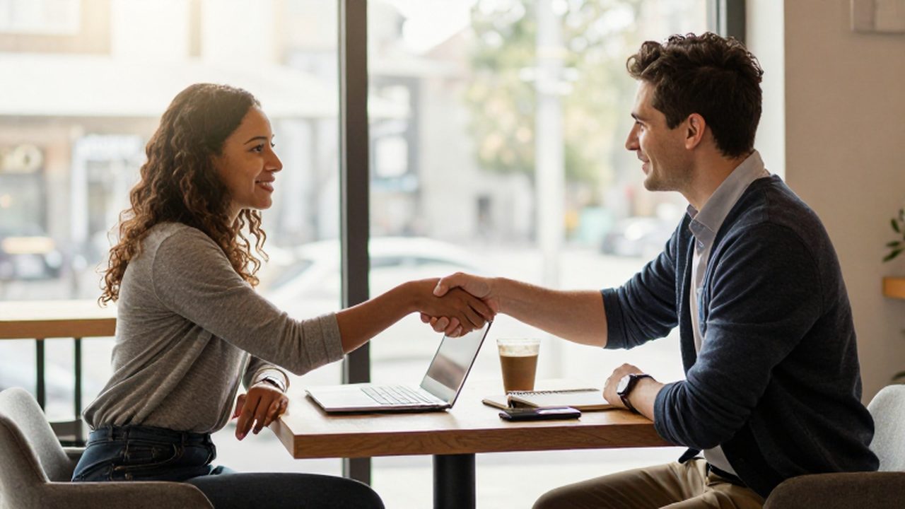 Dos jóvenes emprendedores se dan la mano en una mesa con un portátil y café.
