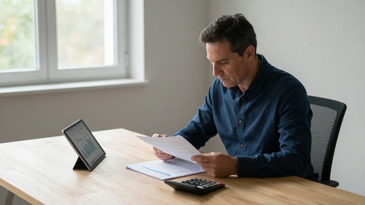 Hombre concentrado analizando documentos financieros y gráficos descendentes en una oficina luminosa.