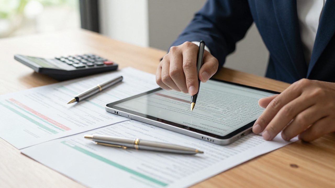 Planificador financiero analizando datos en una tableta sobre un escritorio con informes impresos.