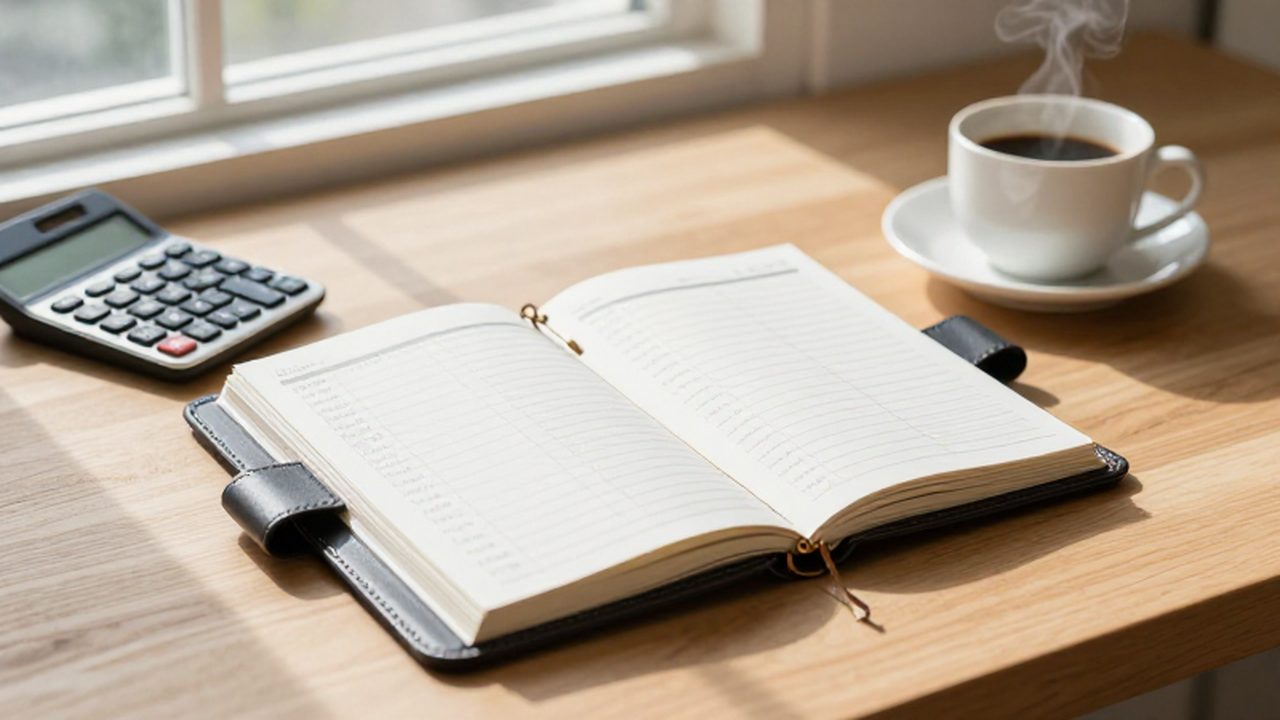 Planificador de cuero abierto con notas financieras, una calculadora y una taza de café sobre un escritorio iluminado por el sol.