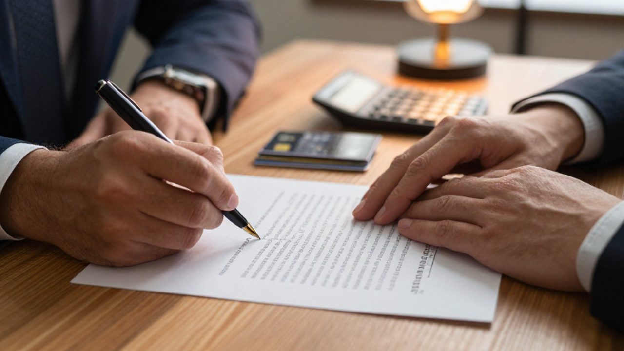Manos firmando un contrato bancario sobre una mesa de madera junto a tarjetas de crédito.