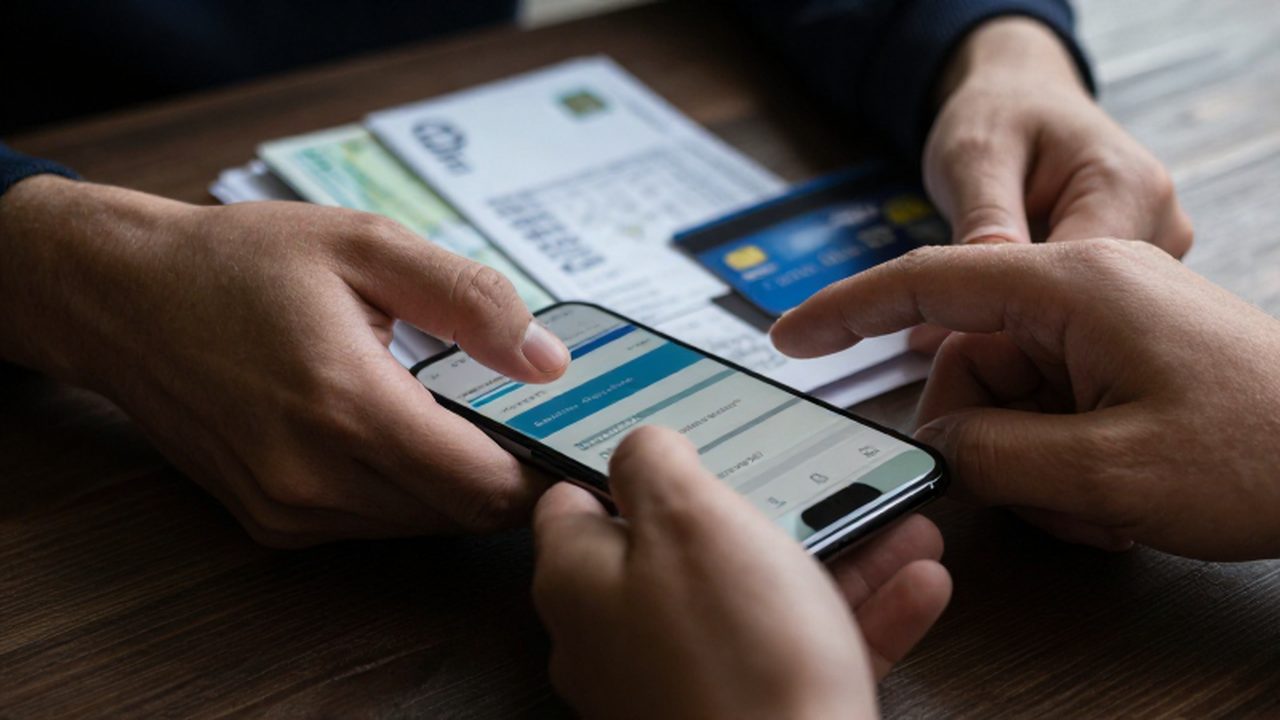 Dos manos sobre un teléfono con una aplicación bancaria rodeado de facturas sin pagar.