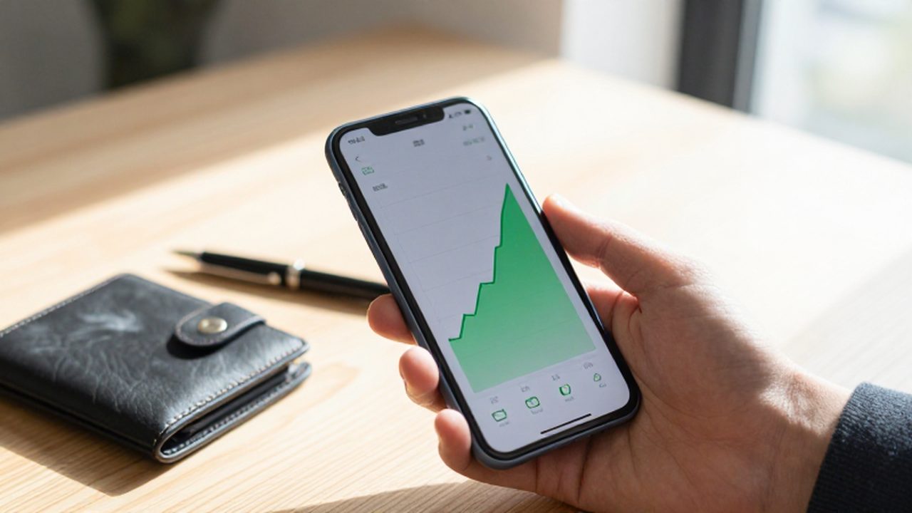 Mano sosteniendo un smartphone con un gráfico ascendente de puntaje crediticio sobre un escritorio organizado.
