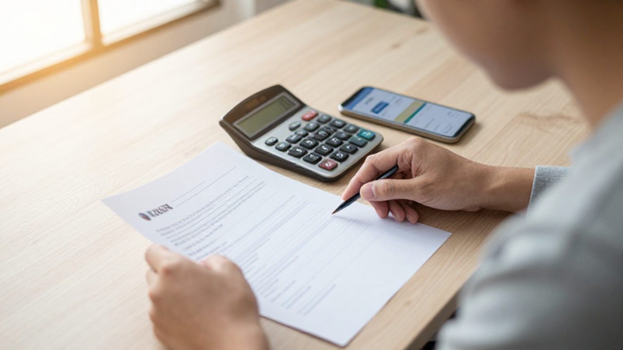 Persona concentrada revisando documentos bancarios y una calculadora sobre un escritorio de madera iluminado por el sol.