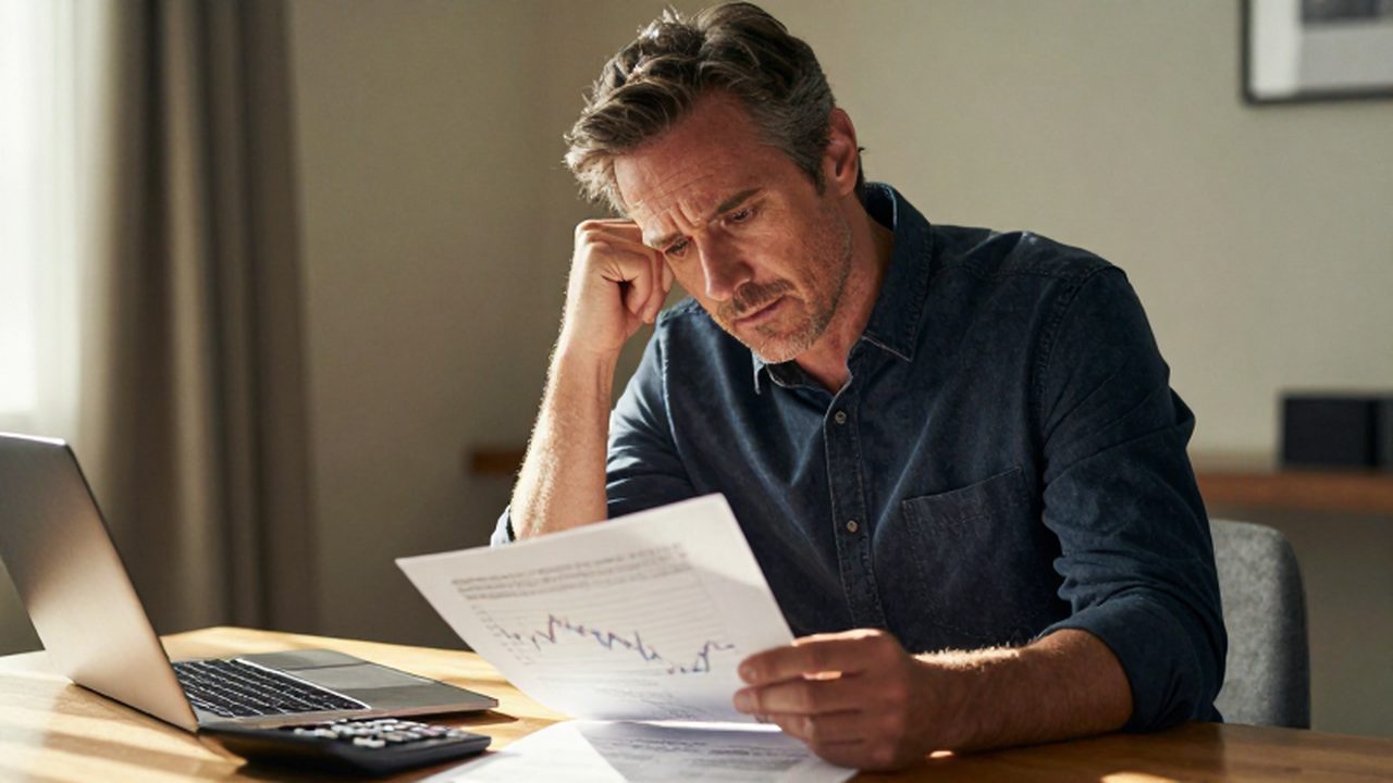 Hombre de mediana edad con expresión de preocupación revisando documentos financieros en su oficina.