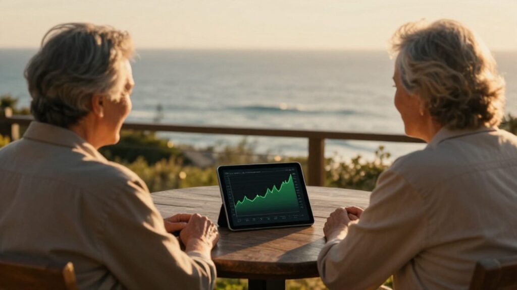 Pareja de ancianos sentada en una terraza frente al mar con una tableta mostrando un gráfico de inversiones.