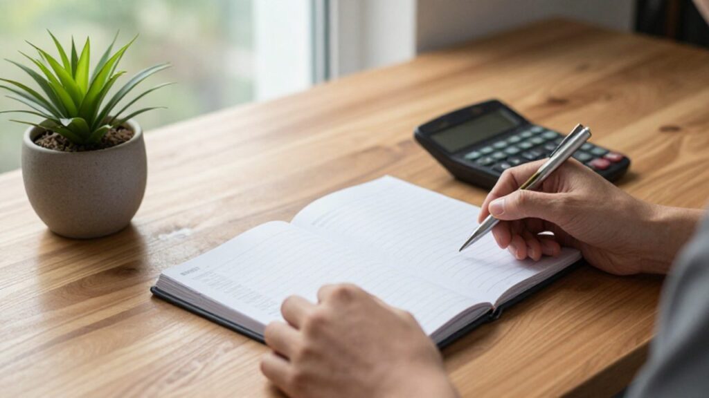 Manos organizando un planificador de presupuesto sobre un escritorio de madera con una planta y calculadora.